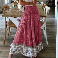 Lange rote Boho-Rock mit Blumenmuster, elastischer Bund, Damenmode, Sommerkleidung.