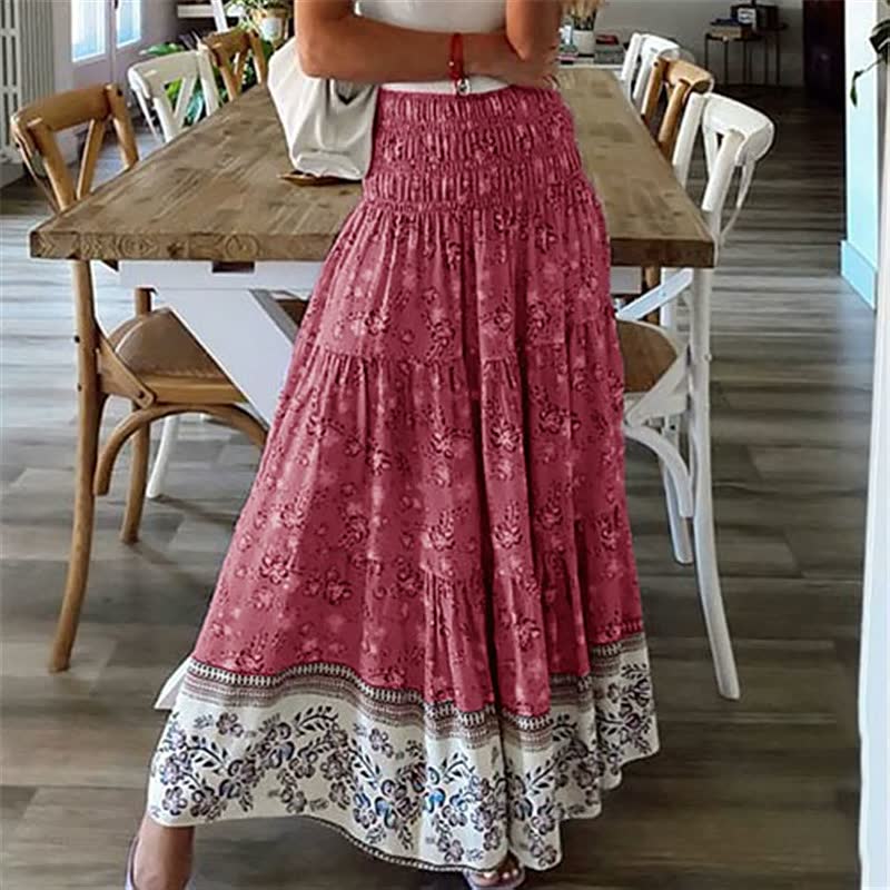 Lange rote Boho-Rock mit Blumenmuster, elastischer Bund, Damenmode, Sommerkleidung.