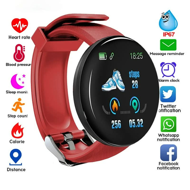 Rote Smartwatch mit Fitness-Tracking, Herzfrequenzmesser, IP67 wasserdicht, Schrittzähler.