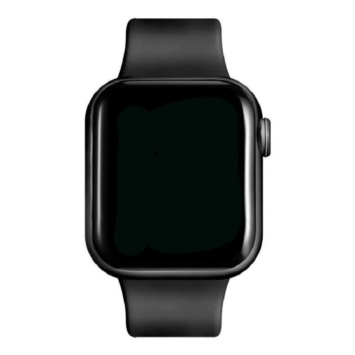 Schwarze Smartwatch mit quadratischem Display und Silikonarmband, moderne Technologie, Fitness-Tracker.