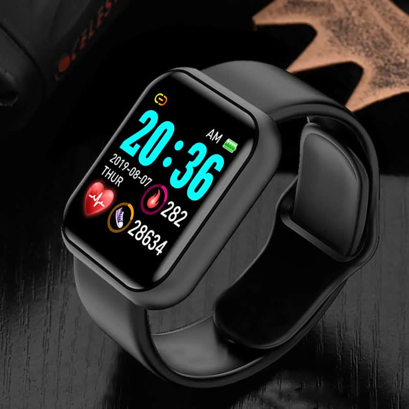 Schwarze Smartwatch mit digitalem Display, Fitness-Tracker, Herzfrequenzmesser, Schrittzähler.