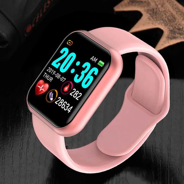 Rosa Smartwatch mit Touchscreen, Fitness-Tracker, Herzfrequenzmesser, modernes Design.