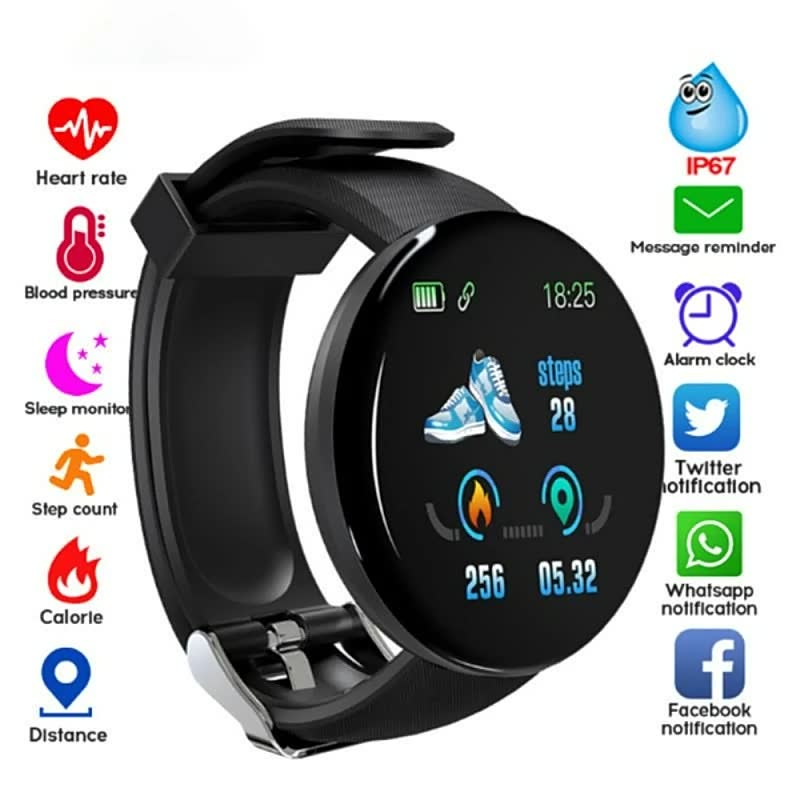 Schwarze Smartwatch mit rundem Display, Fitness-Tracker, Herzfrequenzmesser, IP67 wasserdicht.
