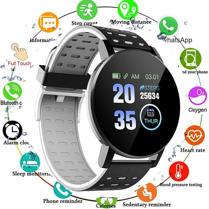 Smartwatch mit rundem Display, schwarzem Armband, Fitness-Tracker, Herzfrequenzmesser, Bluetooth.