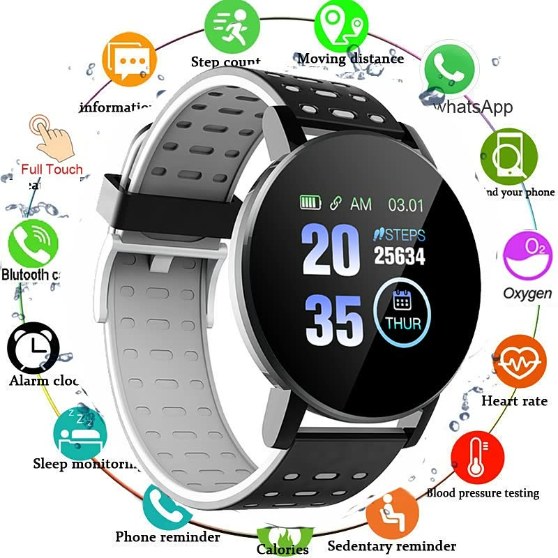 Smartwatch mit rundem Display, schwarzem Armband, Fitness-Tracker, Herzfrequenzmesser, Bluetooth.