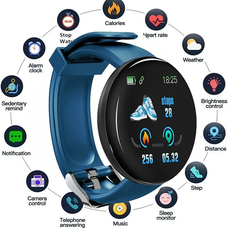 Blaue Smartwatch mit Fitness-Tracking, Herzfrequenzmesser, Schrittzähler und Benachrichtigungen.