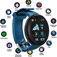 Blaue Smartwatch mit Fitness-Tracking, Herzfrequenzmesser, Schrittzähler und Benachrichtigungen.