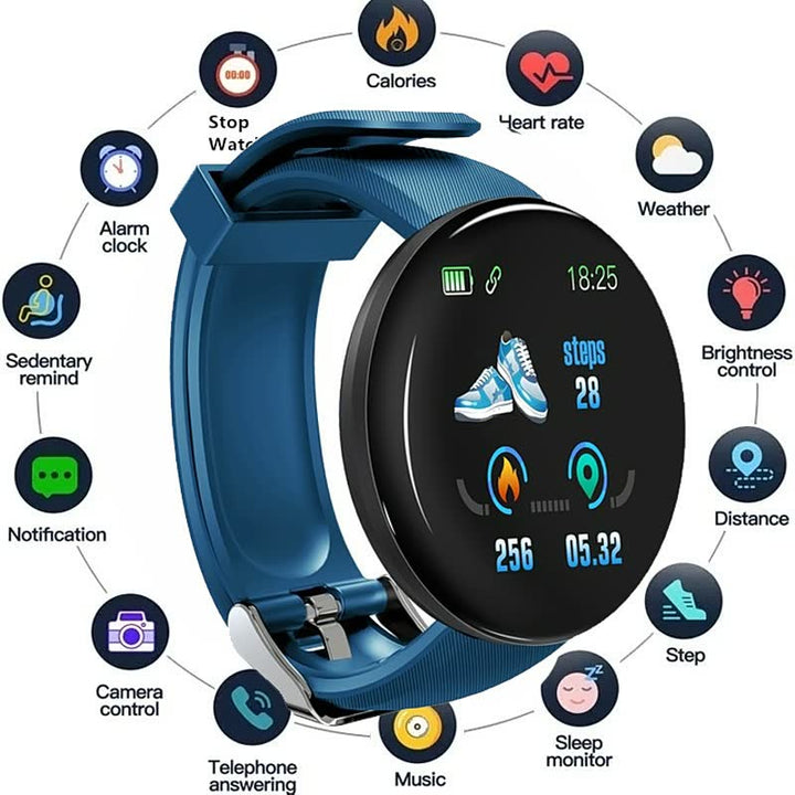 Blaue Smartwatch mit Fitness-Tracking, Herzfrequenzmesser, Schrittzähler und Benachrichtigungen.