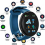 Blaue Smartwatch mit Fitness-Tracking, Herzfrequenzmesser, Schrittzähler und Benachrichtigungen.