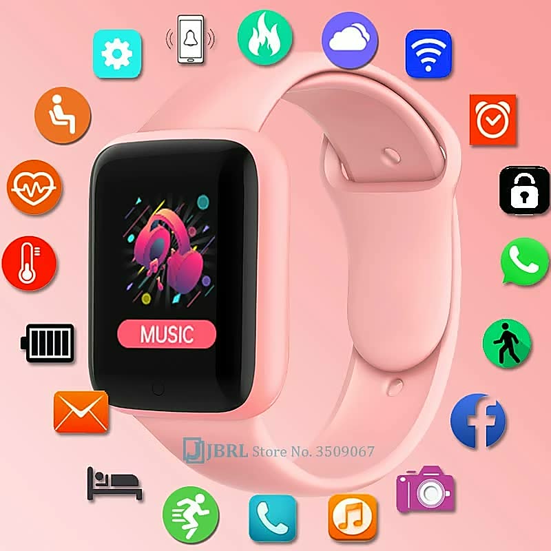 Rosa Smartwatch mit Touchscreen, Musik-App, Fitness-Tracking, Benachrichtigungen, Icons.