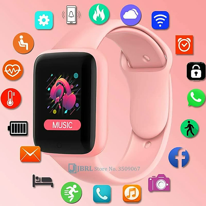 Rosa Smartwatch mit Touchscreen, Musik-App, Fitness-Tracking, Benachrichtigungen, Icons.