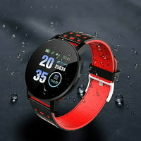 Wasserdichte Smartwatch mit rotem Armband, Fitness-Tracker, rundes Display, Schwarz-Rot.