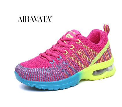 Pinkfarbener Sportschuh mit blauen und gelben Akzenten, Airavata, atmungsaktiv, Damen Sneaker.