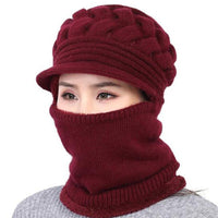 Damen Wintermütze weinrot, gestrickt, mit Schal, warm, modisch, ideal für kaltes Wetter.