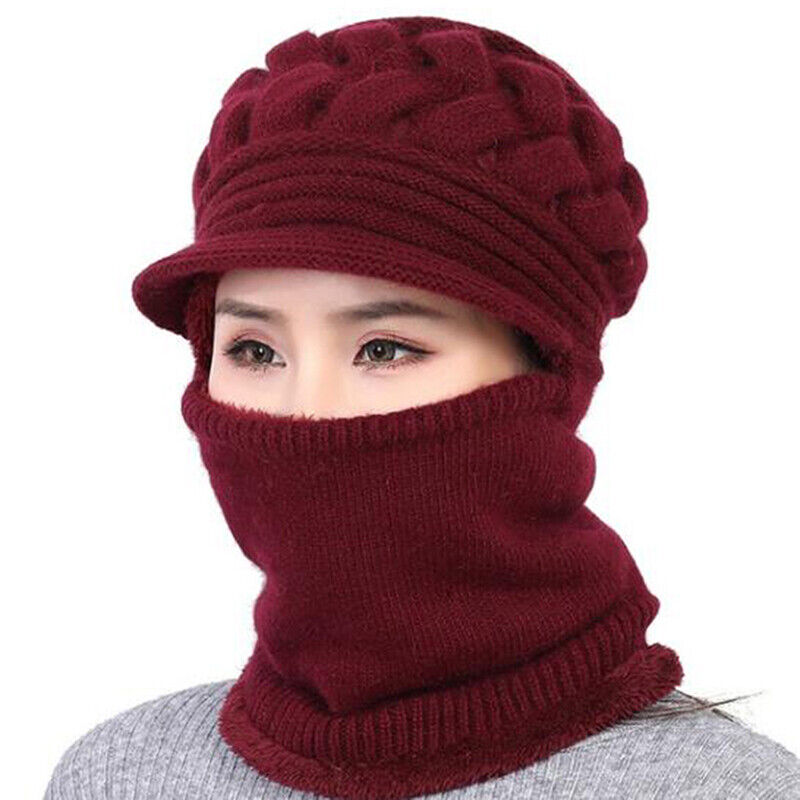 Damen Wintermütze weinrot, gestrickt, mit Schal, warm, modisch, ideal für kaltes Wetter.