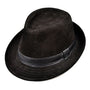Schwarzer Fedora-Hut aus Wildleder mit Lederband, stilvoller Herrenmode-Accessoire.